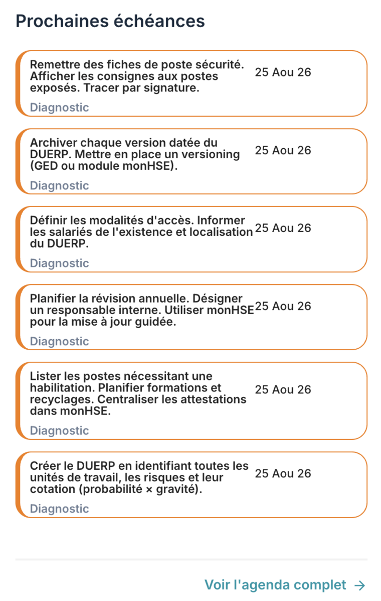 Tableau de bord monhse.com : prochaines échéances de sécurité avec alertes automatiques J-30