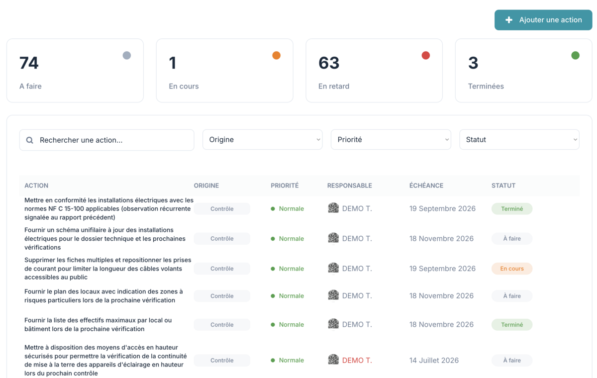 Plan d'actions HSE monhse.com : actions à faire, en retard et terminées avec priorités et responsables